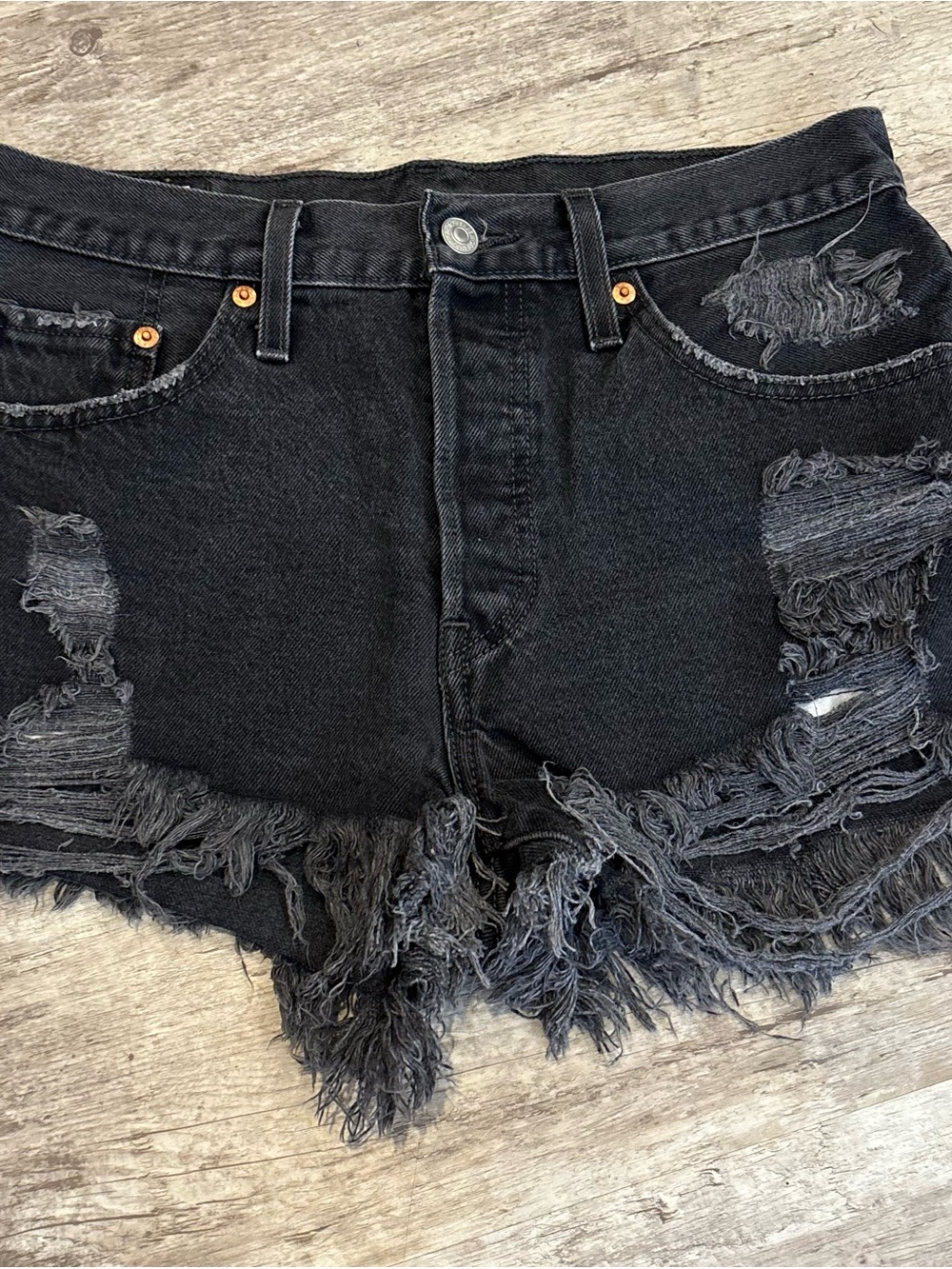 Levi's Black Distressed Frayed Denim Cutoff Shorts